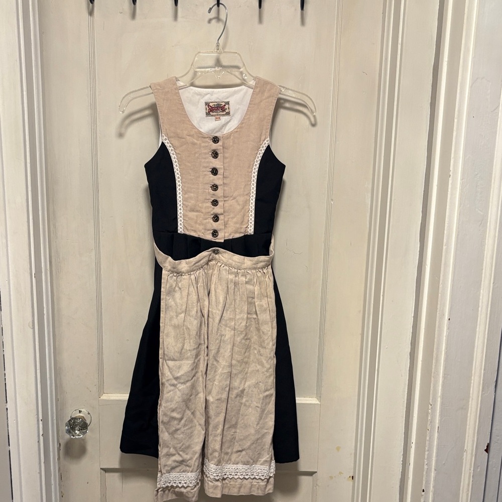 Stockpoint German Linen Charming Beige and Black Kids Dirndl Dress 134/140 9/10